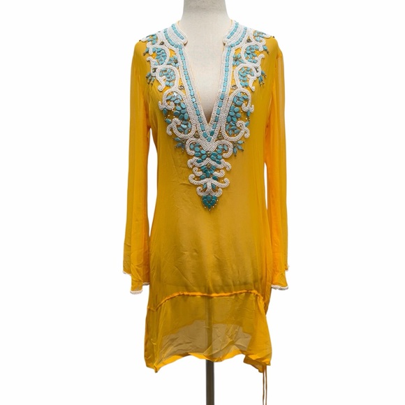 Kareena’s Other - Kareena’s Beaded Tunic Yellow Long Sleeve Coverup Size Medium